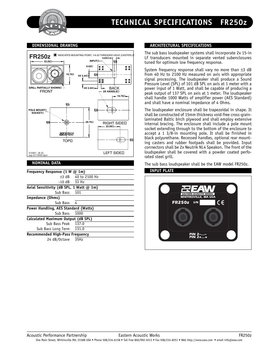 Technical specifications fr250z, Fr250z, Dimensional drawings | EAW FR250z User Manual | Page 2 / 2