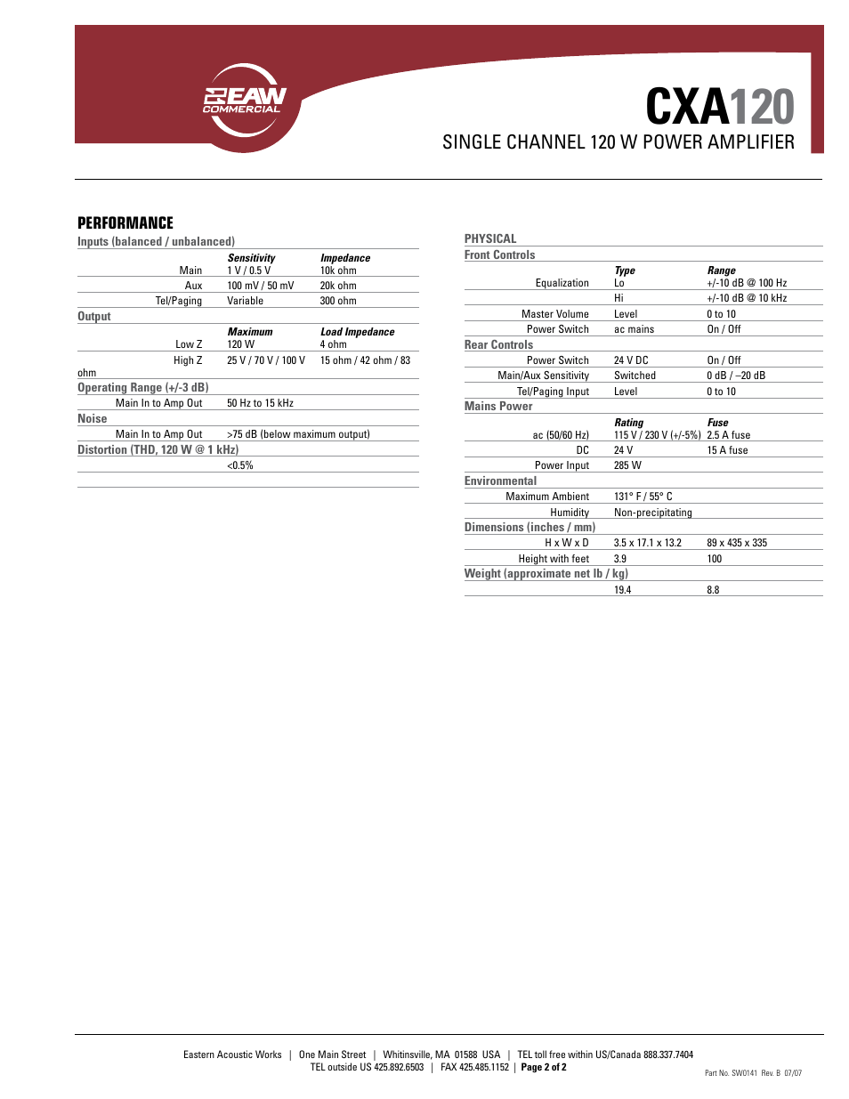Cxa 120, Single channel 120 w power amplifier, Performance | EAW CXA120 User Manual | Page 2 / 2