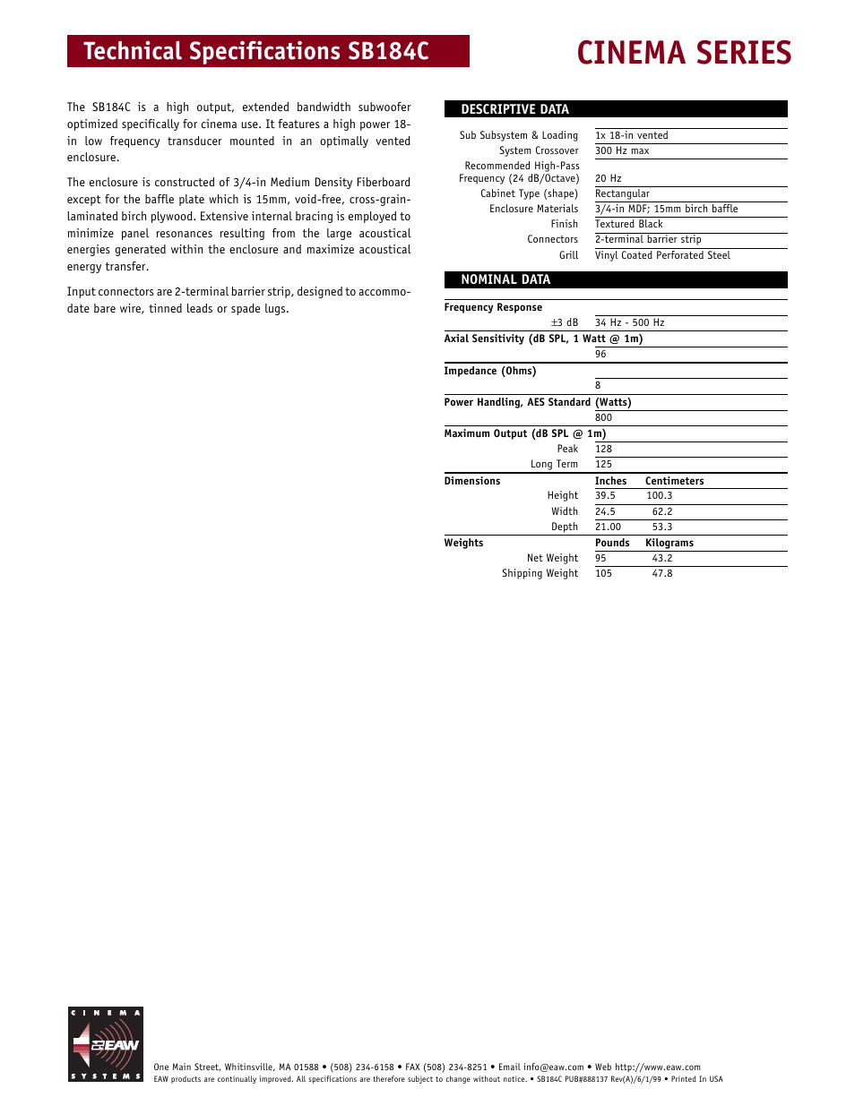 Cinema series, Technical specifications sb184c | EAW SB184C User Manual | Page 2 / 2