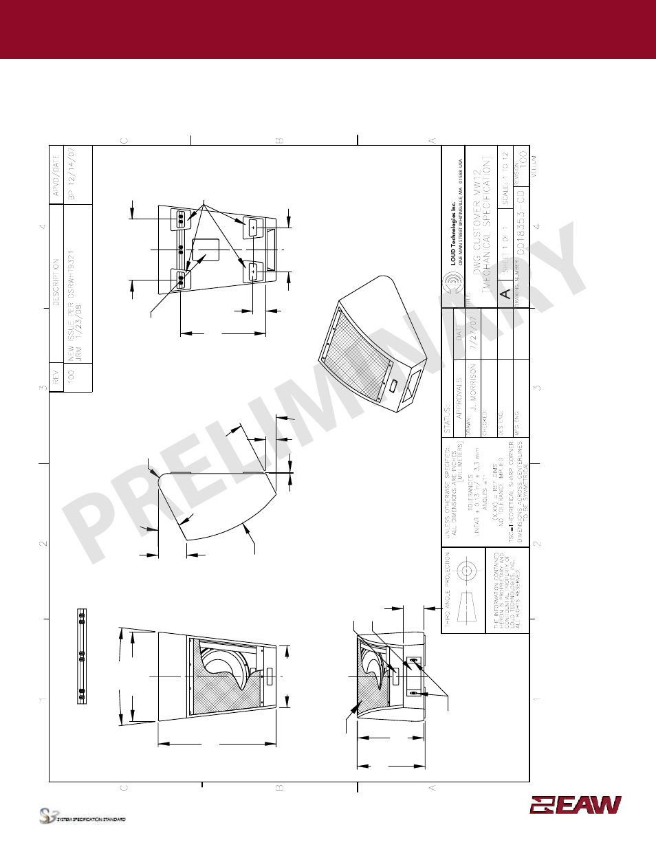 Preliminar y, Group · s, Fr o n t | Mw1 2, Ba c k, Enclosure | EAW MW12 User Manual | Page 2 / 6