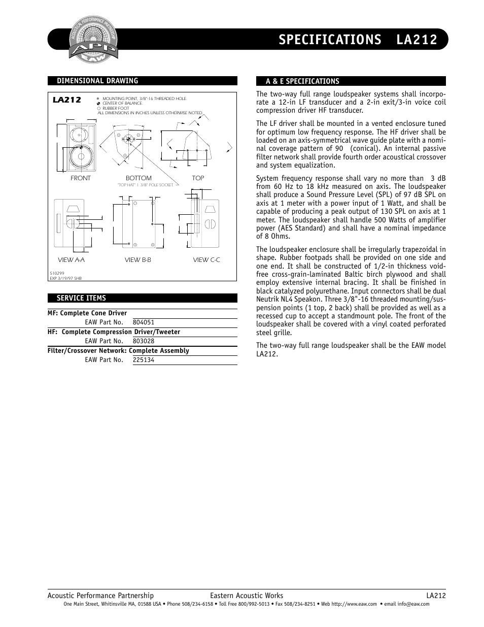 Specifications la212, Dimensional drawings, La212 | EAW LA212 User Manual | Page 2 / 2