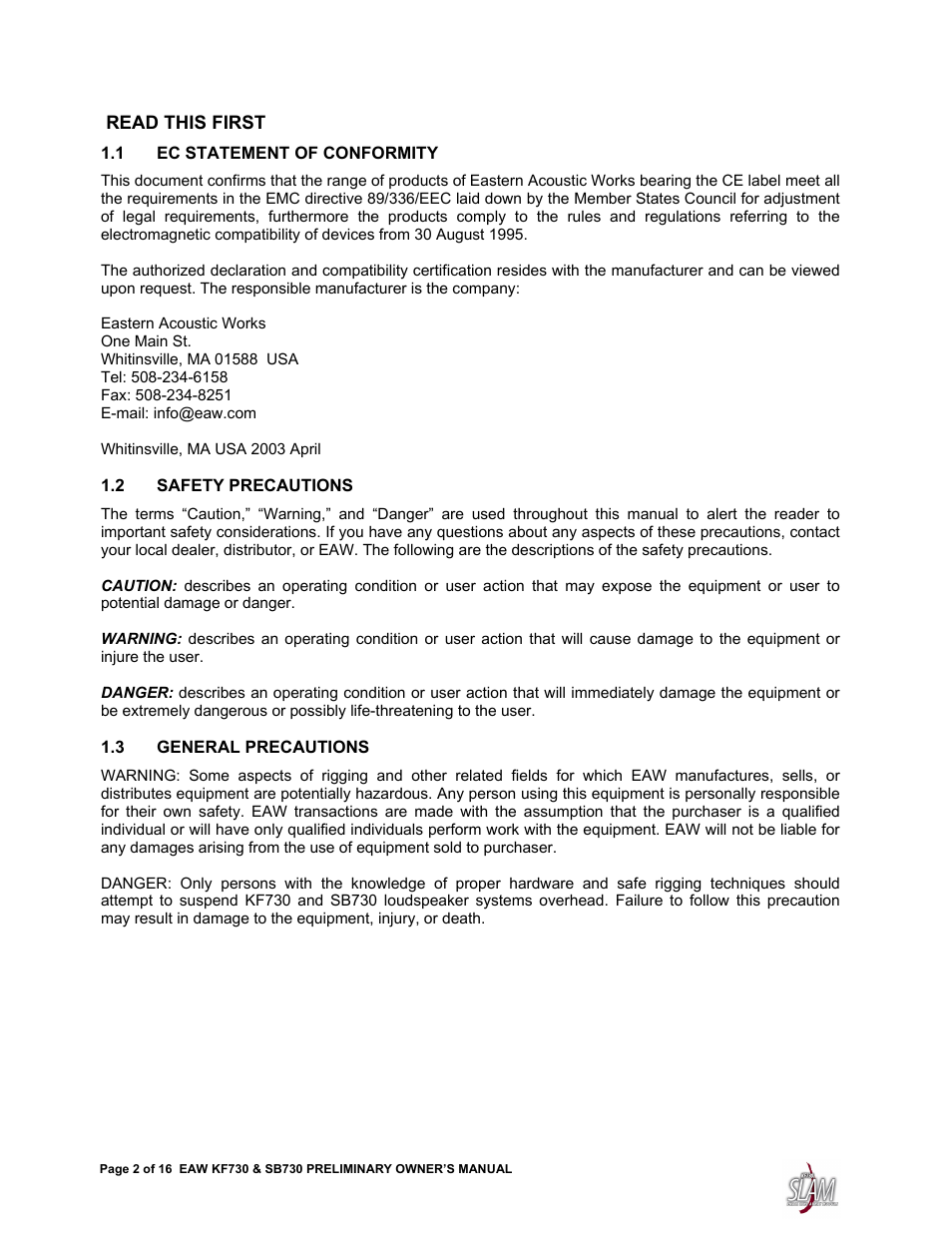 EAW SB730 User Manual | Page 2 / 16