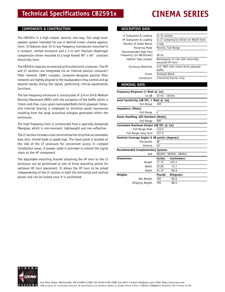 Cinema series, Technical specifications cb2591x | EAW CB2591x User Manual | Page 2 / 2