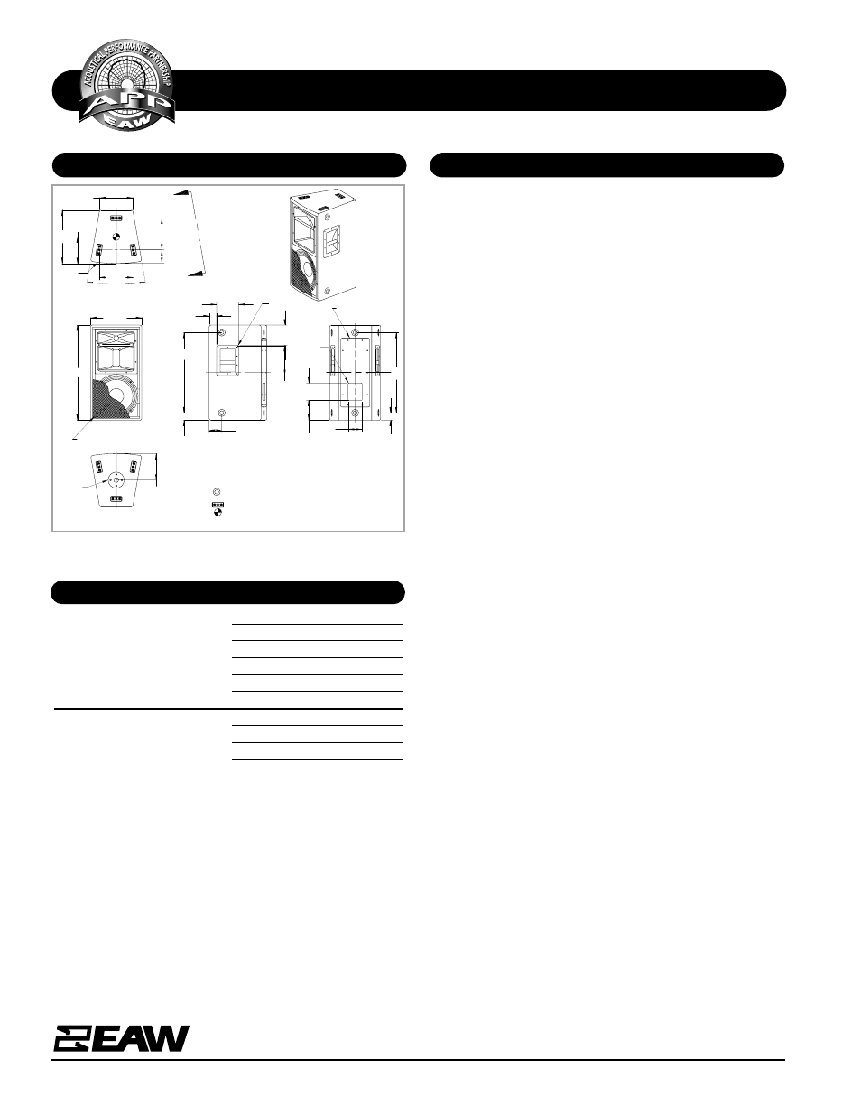 Specifications kf300z, Dimensional drawing a & e specifications, Physical continued | EAW KF300z User Manual | Page 2 / 2