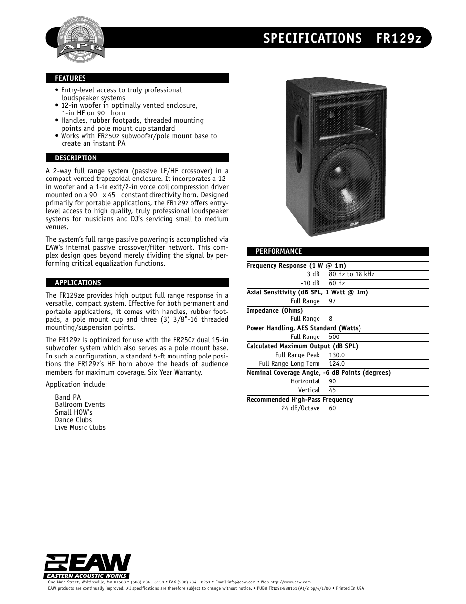 EAW FR129z User Manual | 2 pages
