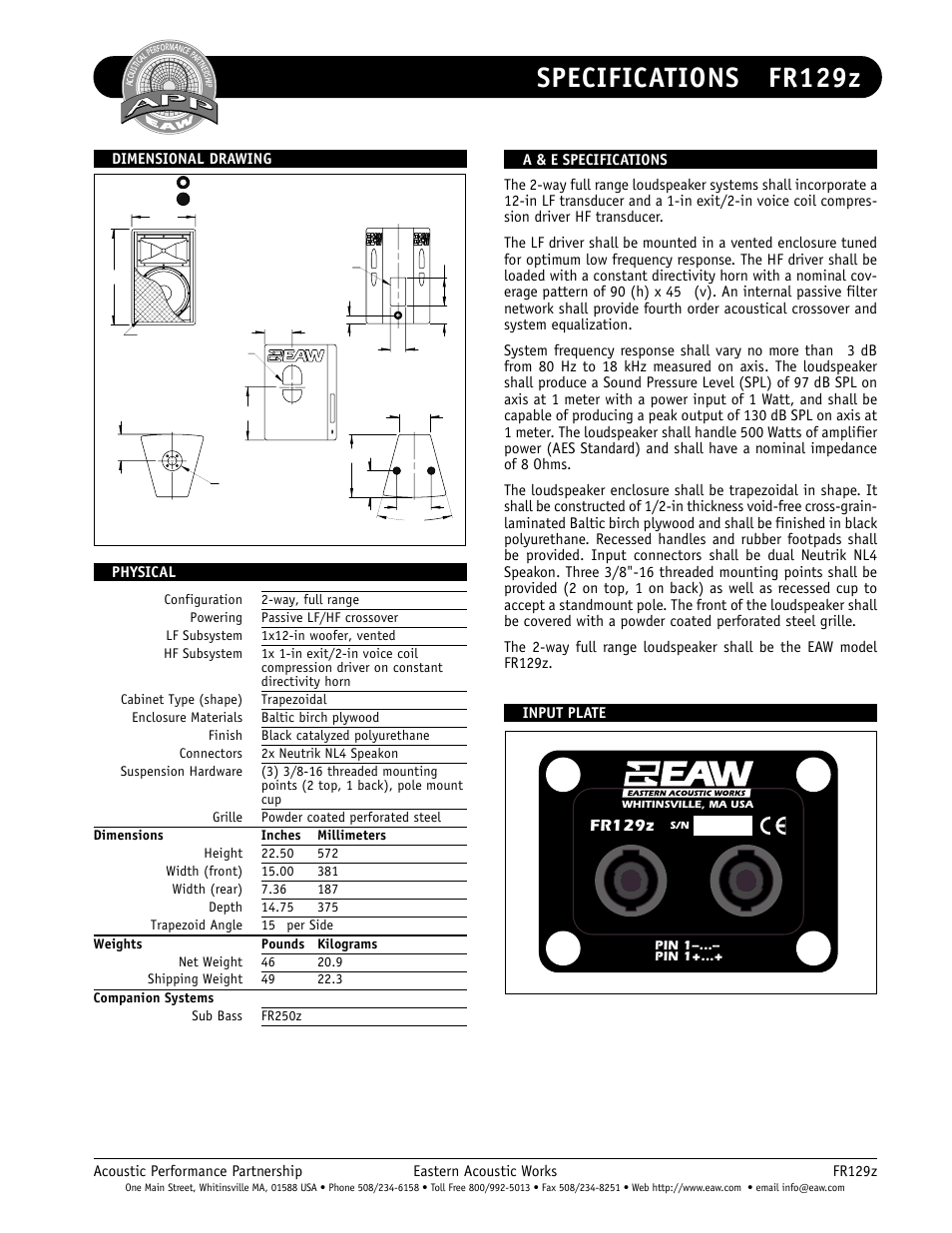 Specifications fr129z, Fr129z, Dimensional drawings | EAW FR129z User Manual | Page 2 / 2