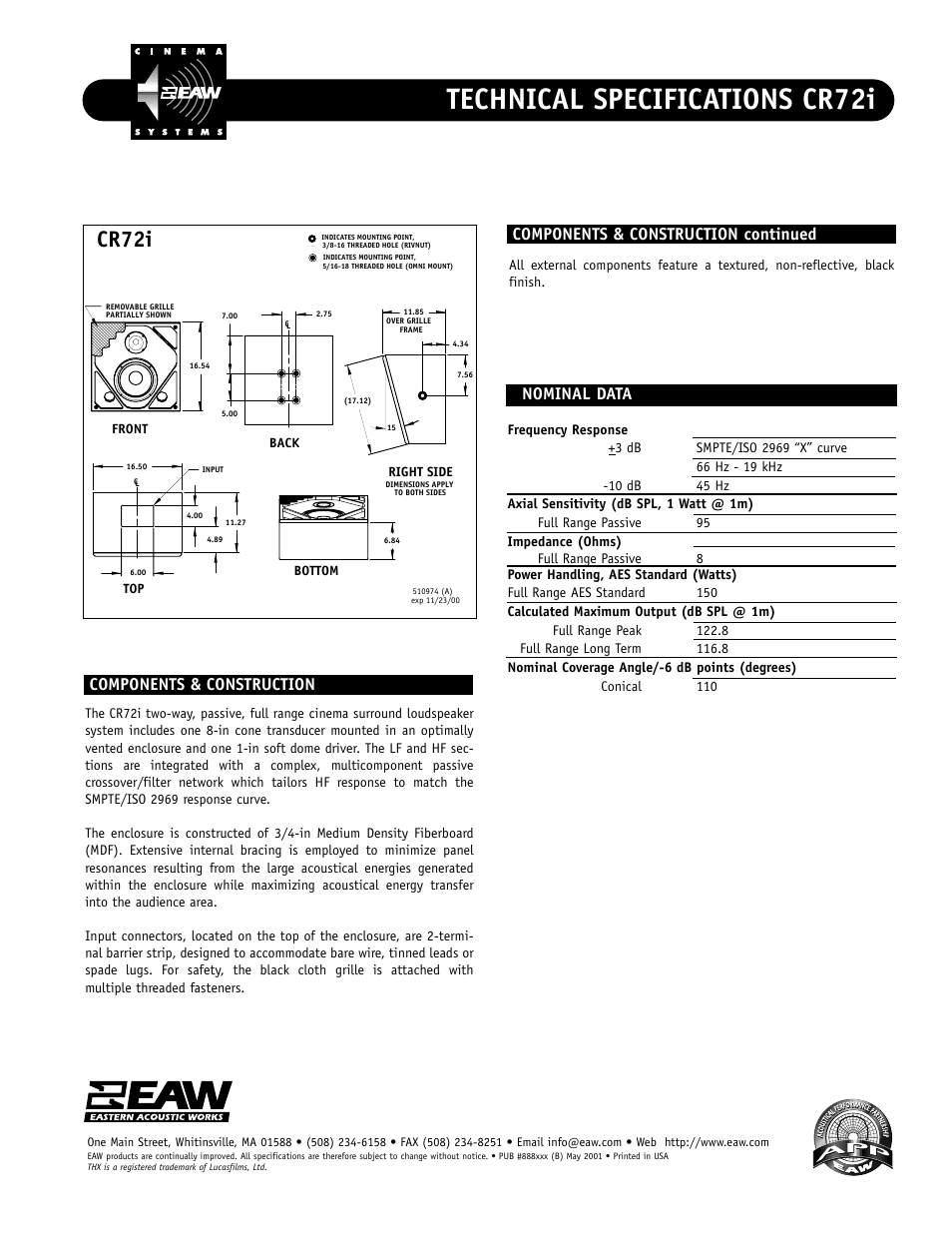 Technical specifications cr72i, Cr72i, Nominal data | EAW CR72i User Manual | Page 2 / 2