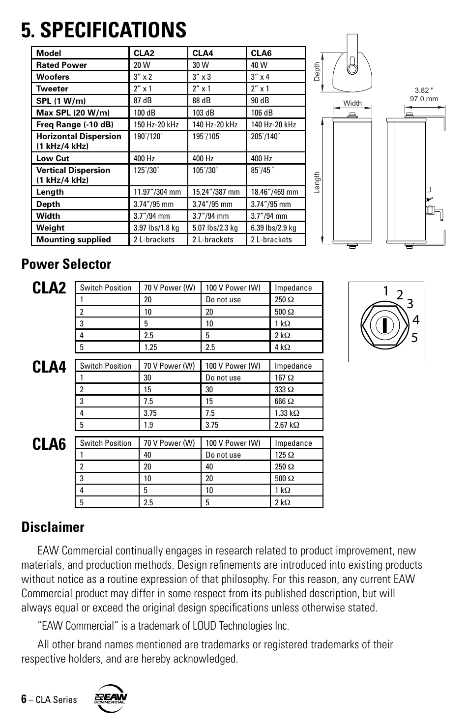 Specifications, Cla2 cla4 cla6, Power selector disclaimer | On off | EAW CLA6 CLA4 CLA2 User Manual | Page 6 / 8