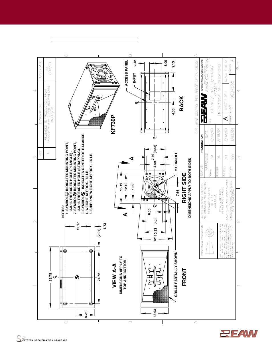 Group · m, Right s ide, Fr o n t | Vi ew a -a, Back kf 730p, Enclosure | EAW KF730P User Manual | Page 2 / 4