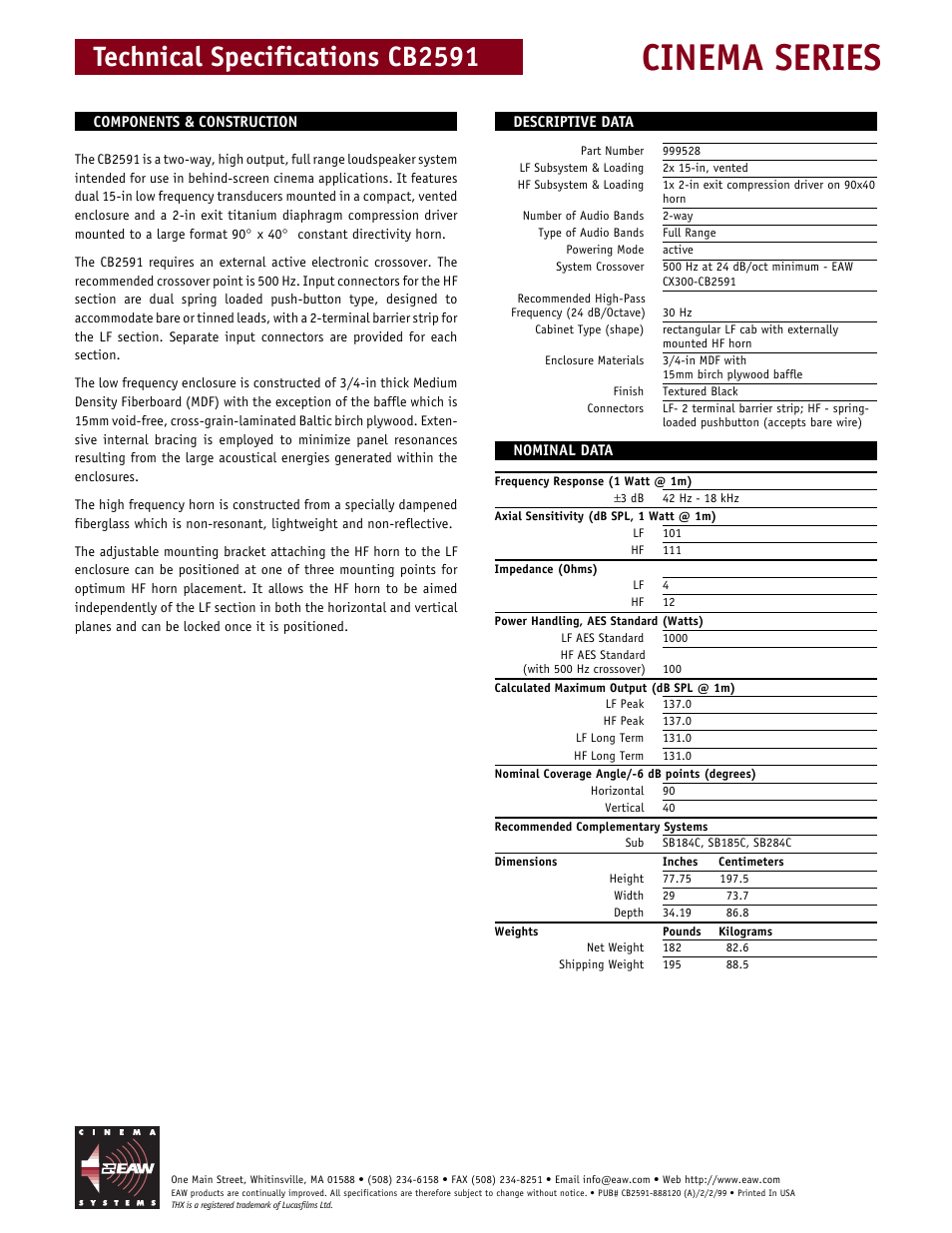 Cinema series, Technical specifications cb2591 | EAW CB2591 User Manual | Page 2 / 2