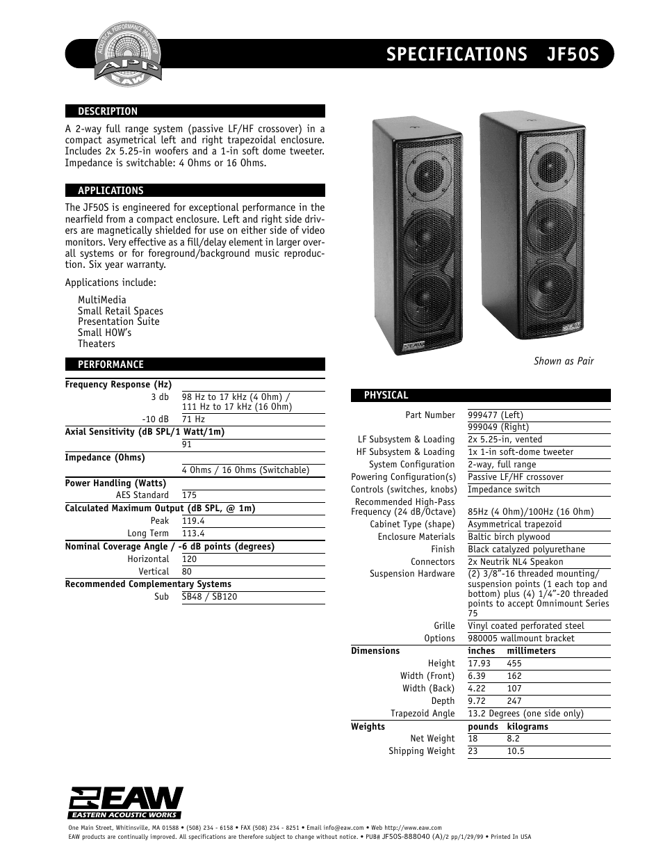 EAW JF50S User Manual | 2 pages