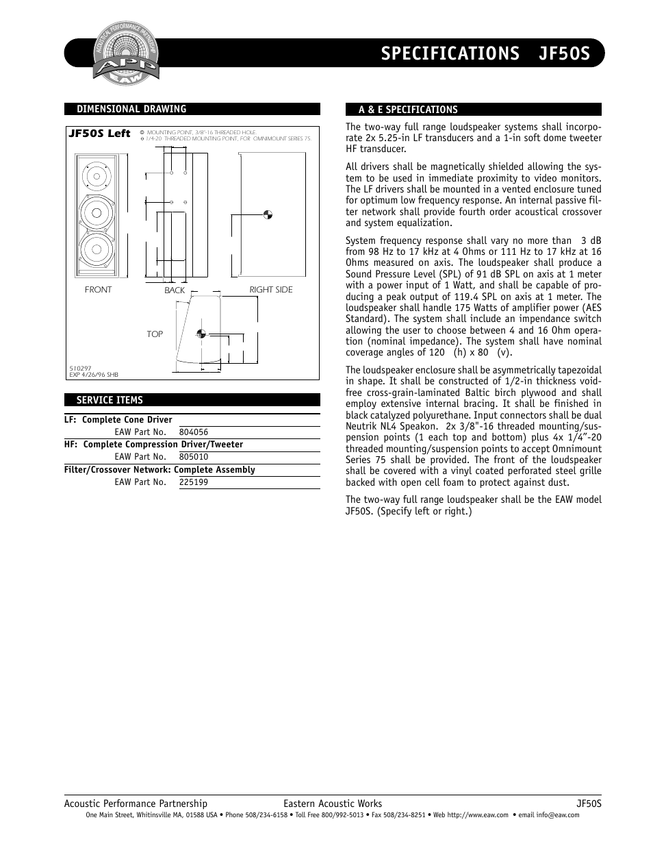 Specifications jf50s, Dimensional drawings, Jf50s left | EAW JF50S User Manual | Page 2 / 2