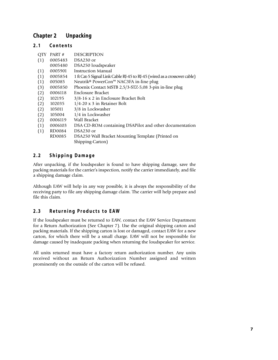 Chapter 2 unpacking | EAW DSA250 & DSA230 User Manual | Page 7 / 44