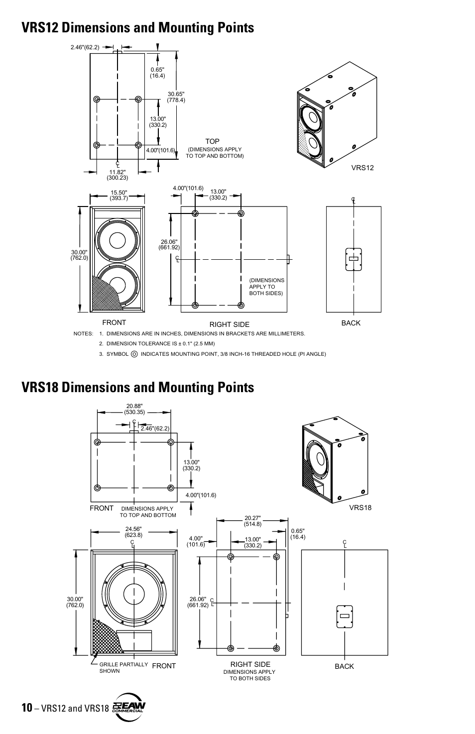 Dimensions, Vrs18 dimensions and mounting points, Vrs12 dimensions and mounting points | EAW VRS12 VRS18 User Manual | Page 10 / 16