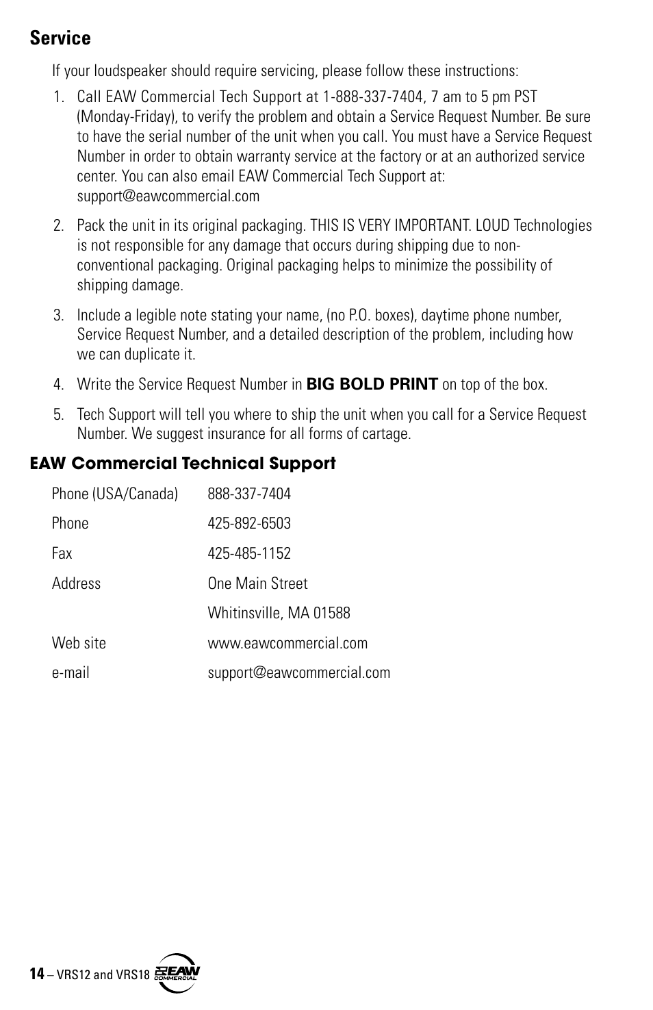 Service | EAW VRS12 VRS18 User Manual | Page 14 / 16