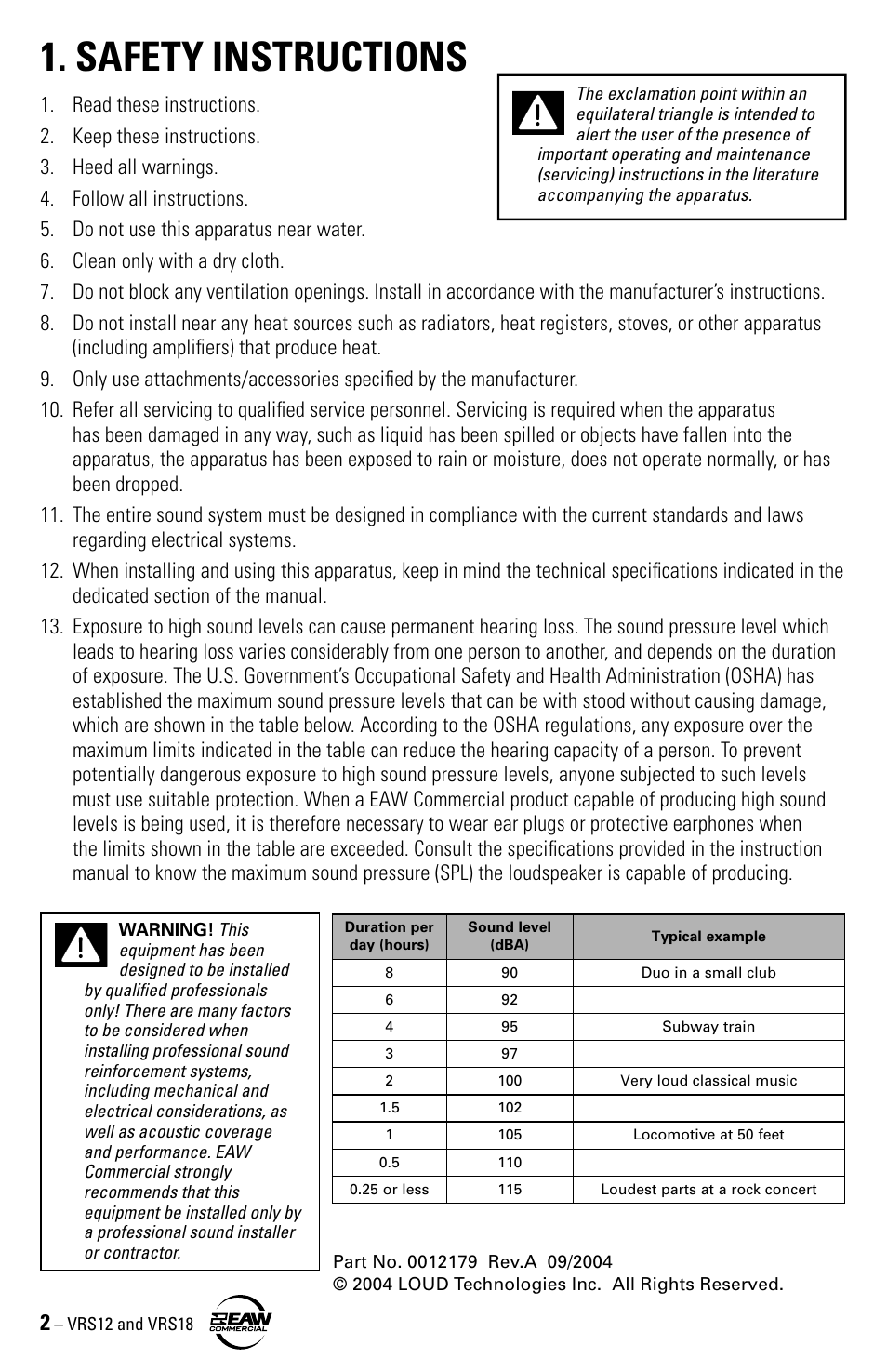 Safety instructions | EAW VRS12 VRS18 User Manual | Page 2 / 16