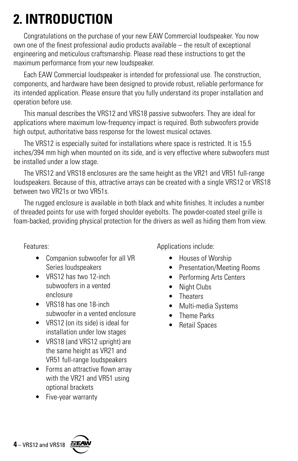 Introduction | EAW VRS12 VRS18 User Manual | Page 4 / 16