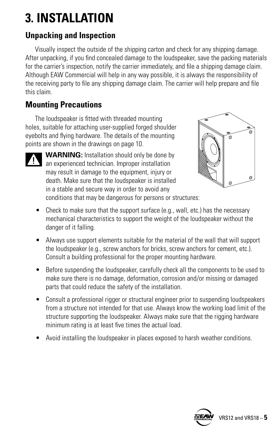 Installation, Unpacking and inspection, Mounting precautions | EAW VRS12 VRS18 User Manual | Page 5 / 16