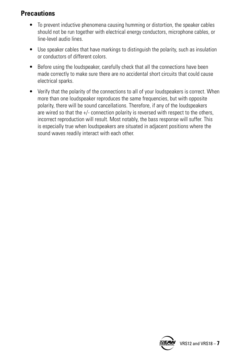 Precautions | EAW VRS12 VRS18 User Manual | Page 7 / 16