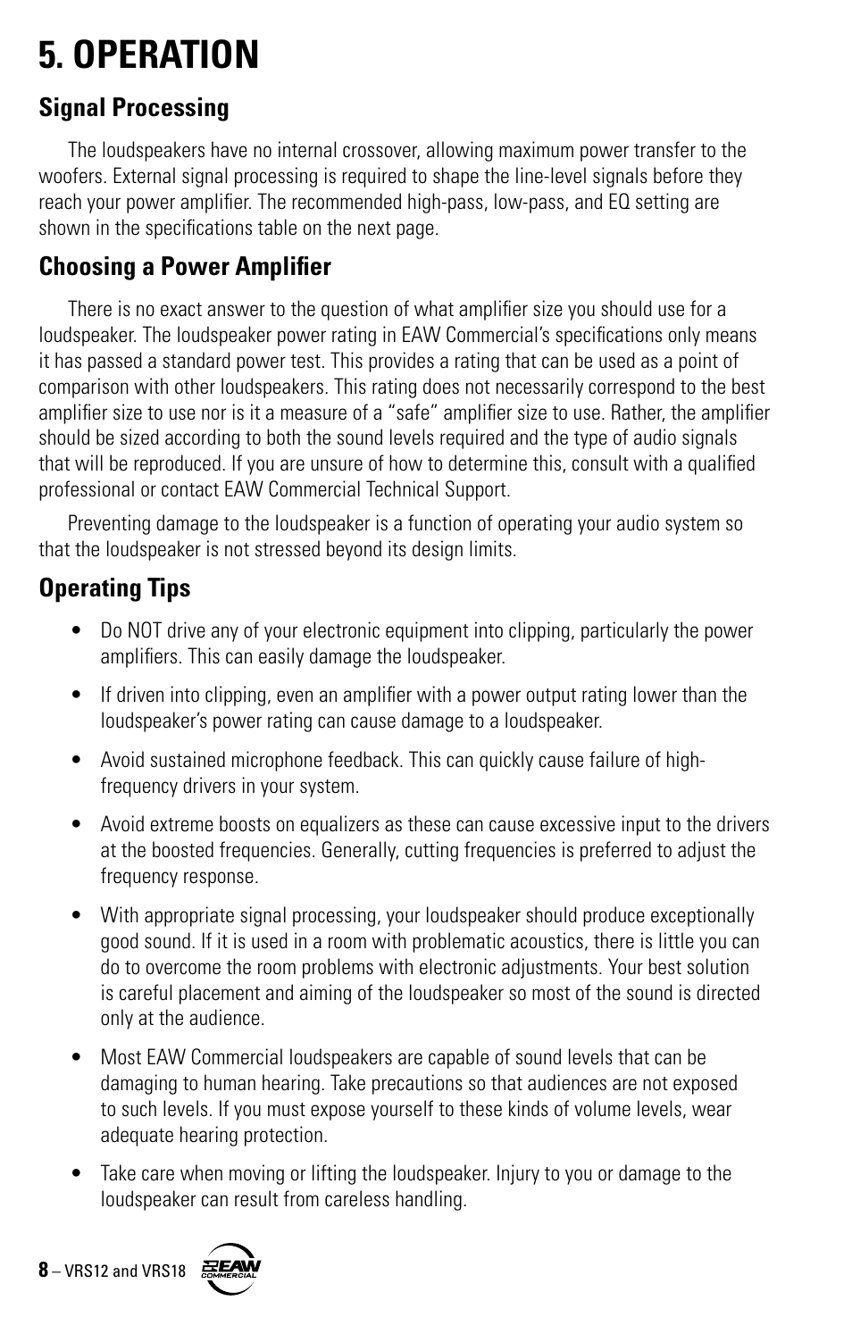 Operation, Signal processing, Choosing a power amplifier | Operating tips | EAW VRS12 VRS18 User Manual | Page 8 / 16