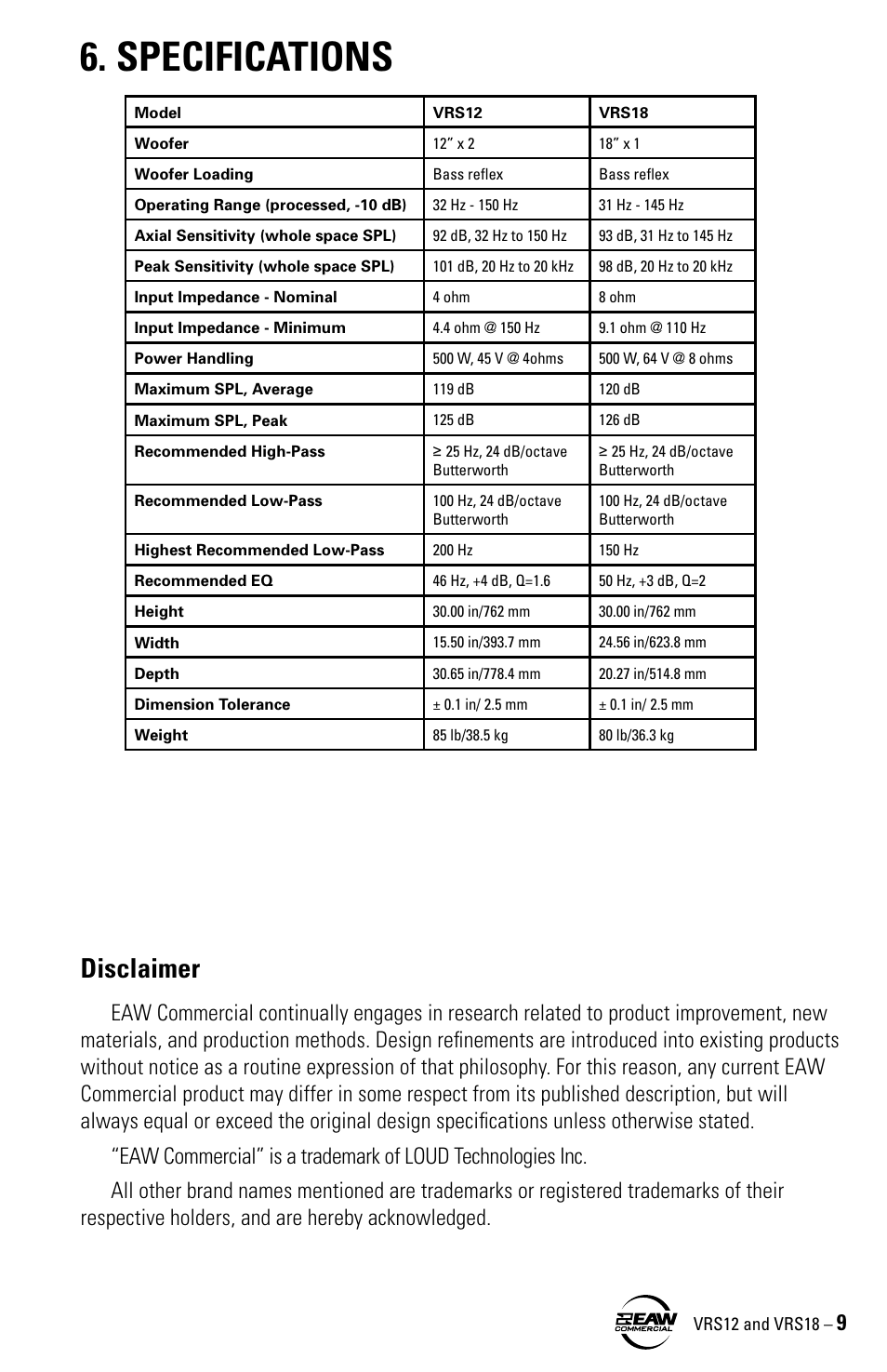 Specifications, Disclaimer | EAW VRS12 VRS18 User Manual | Page 9 / 16