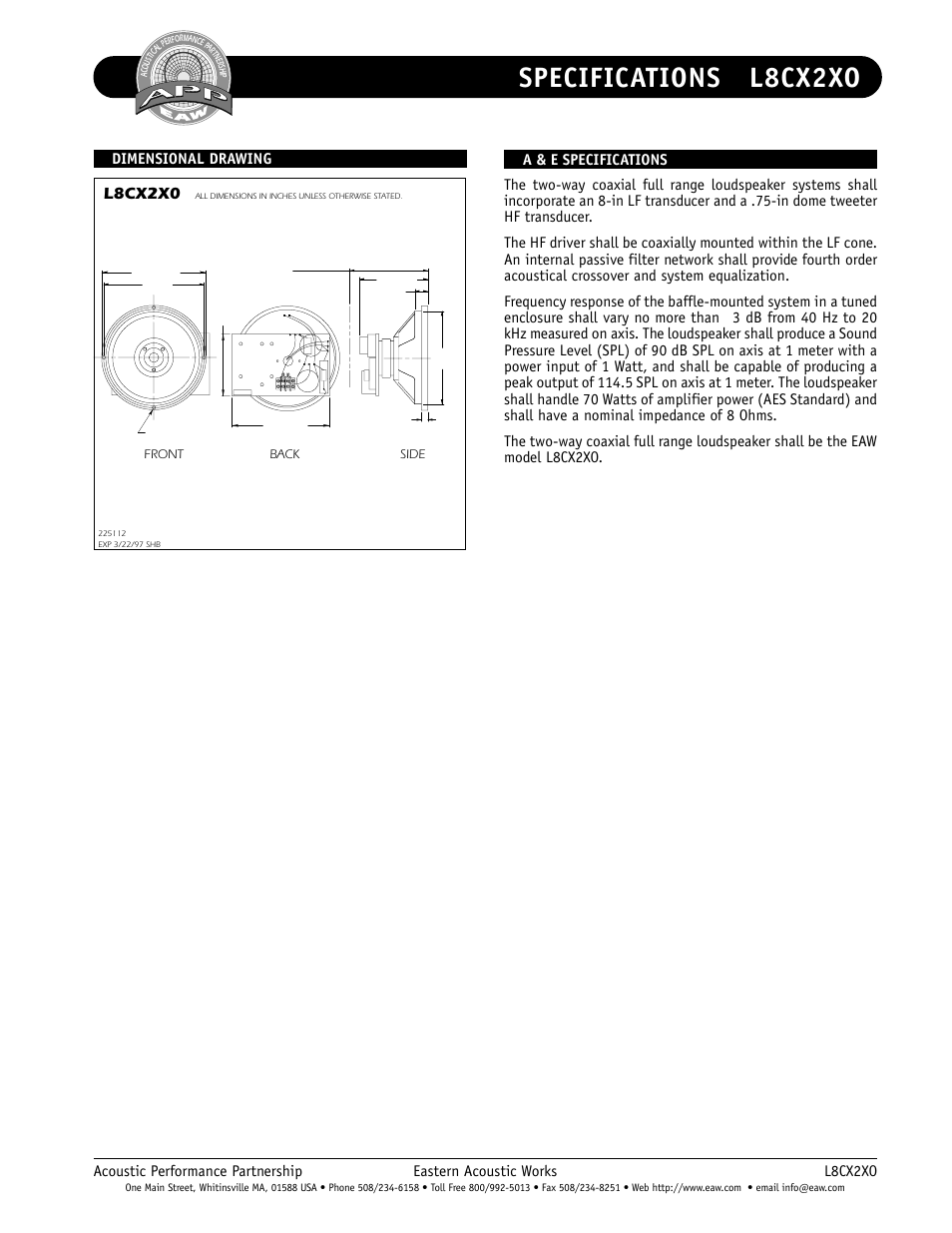 Specifications l8cx2xo, Dimensional drawings, L8cx2x0 | EAW L8CX2XO User Manual | Page 2 / 2