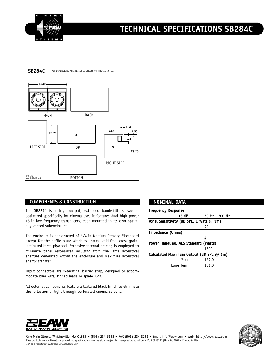 Technical specifications sb284c, Sb284c, Nominal data | Components & construction | EAW SB284C User Manual | Page 2 / 2