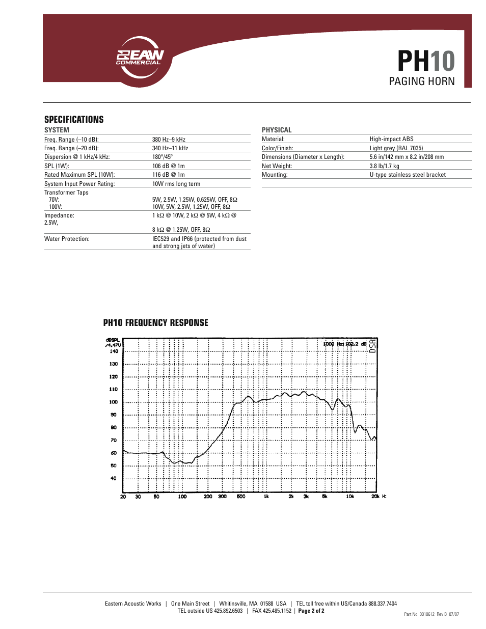 Ph 10, Paging horn, Specifications | Ph10 frequency response | EAW PH10 User Manual | Page 2 / 2