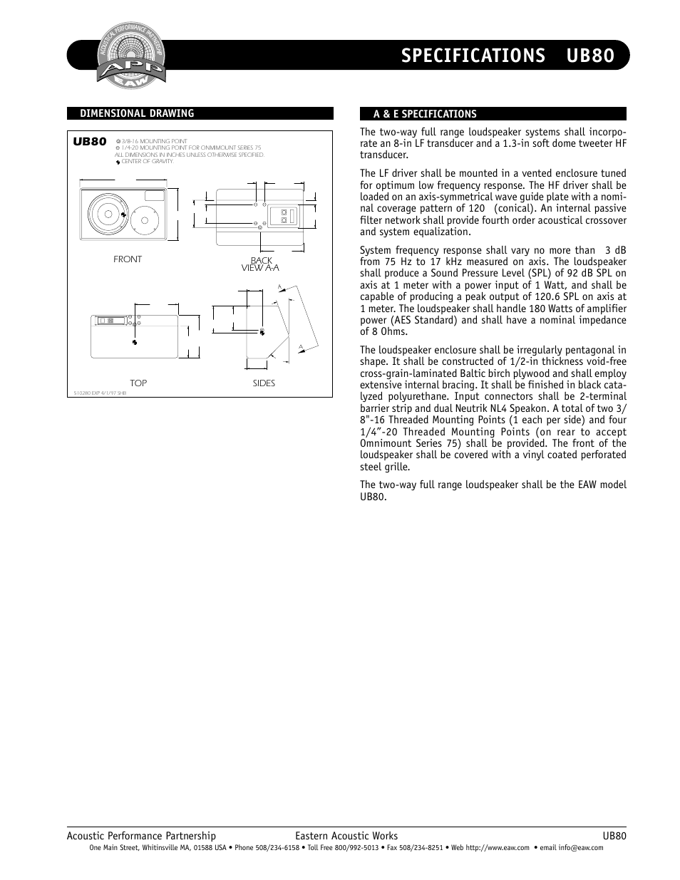 Specifications ub80, Dimensional drawings, Ub80 | EAW UB80 User Manual | Page 2 / 2