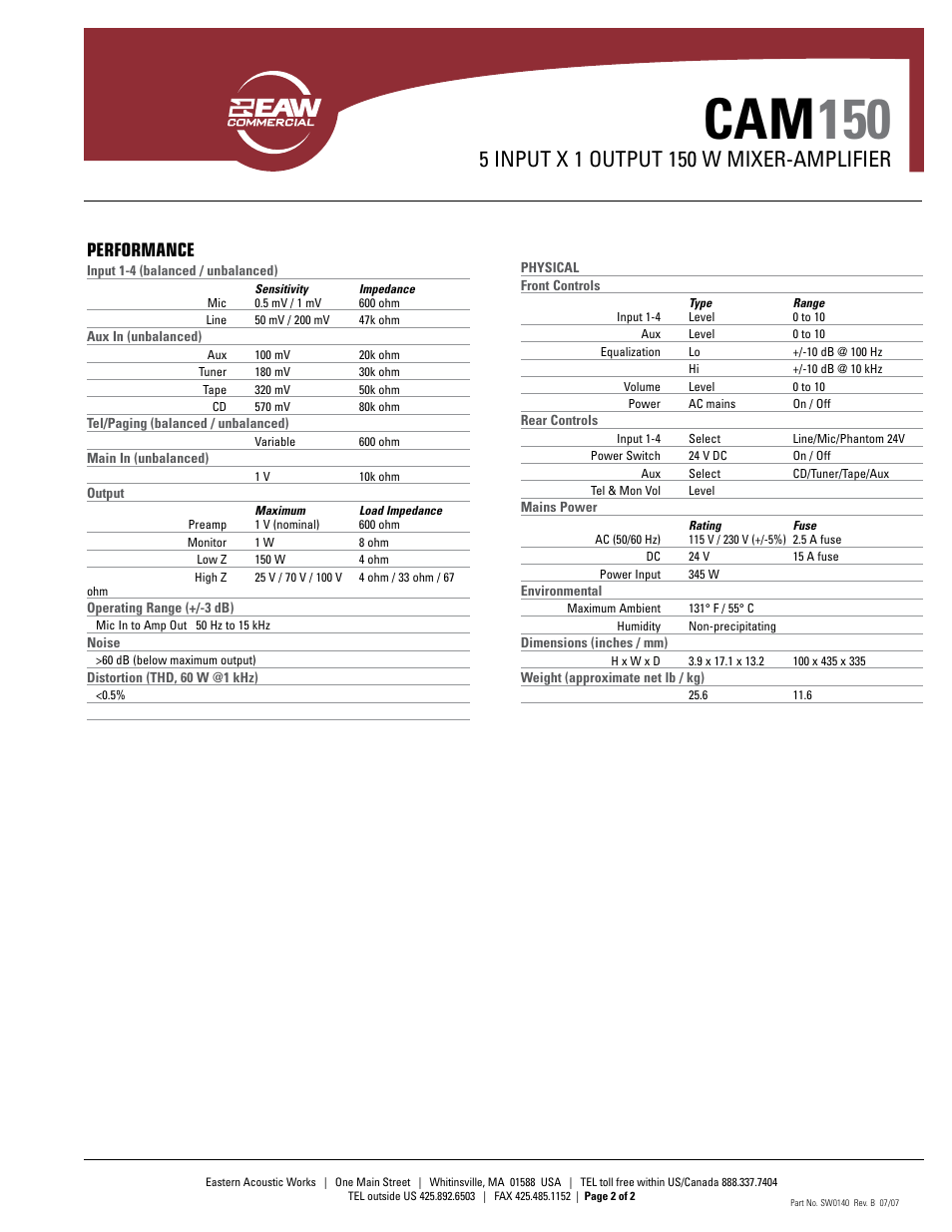 Cam 150, Performance | EAW CAM150 User Manual | Page 2 / 2