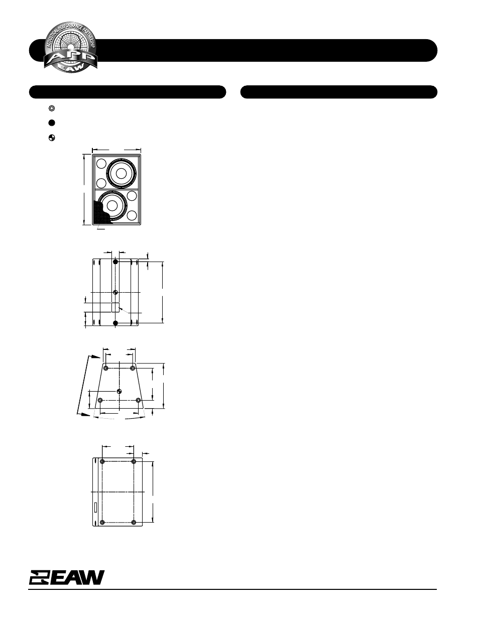 Specifications as625e, Dimensional drawing a & e specifications, Front | Top/bottom, Back | EAW AS625e User Manual | Page 2 / 2