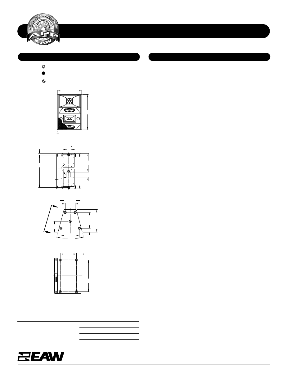 Specifications as690e, Dimensional drawing a & e specifications, Front | Top/bottom, Side view (view a-a) | EAW AS90e User Manual | Page 2 / 2