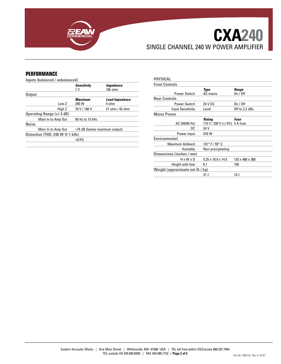 Cxa 240, Single channel 240 w power amplifier, Performance | EAW CXA240 User Manual | Page 2 / 2