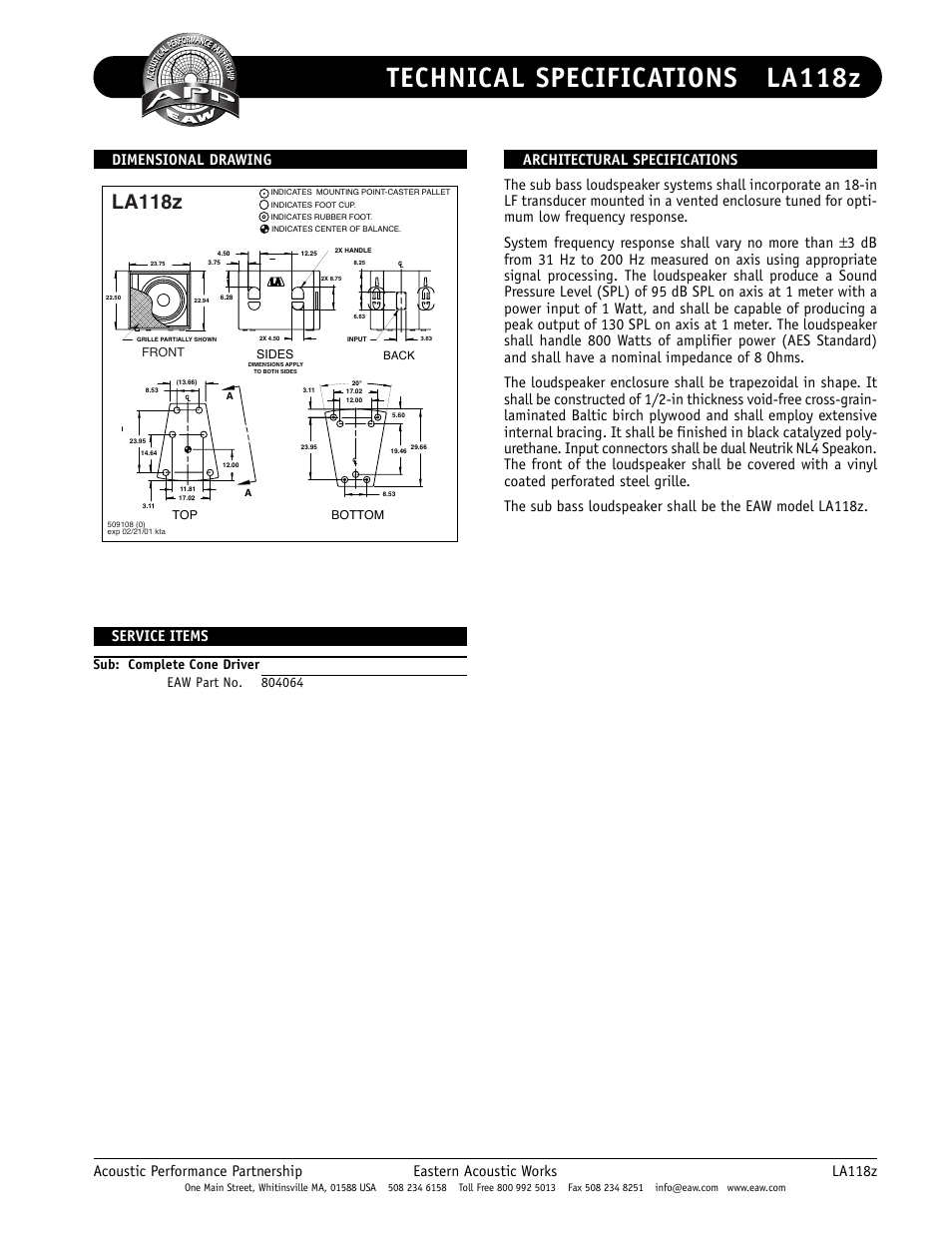 Technical specifications la118z, La118z, Dimensional drawings | Dimensional drawing service items | EAW LA118z User Manual | Page 2 / 2