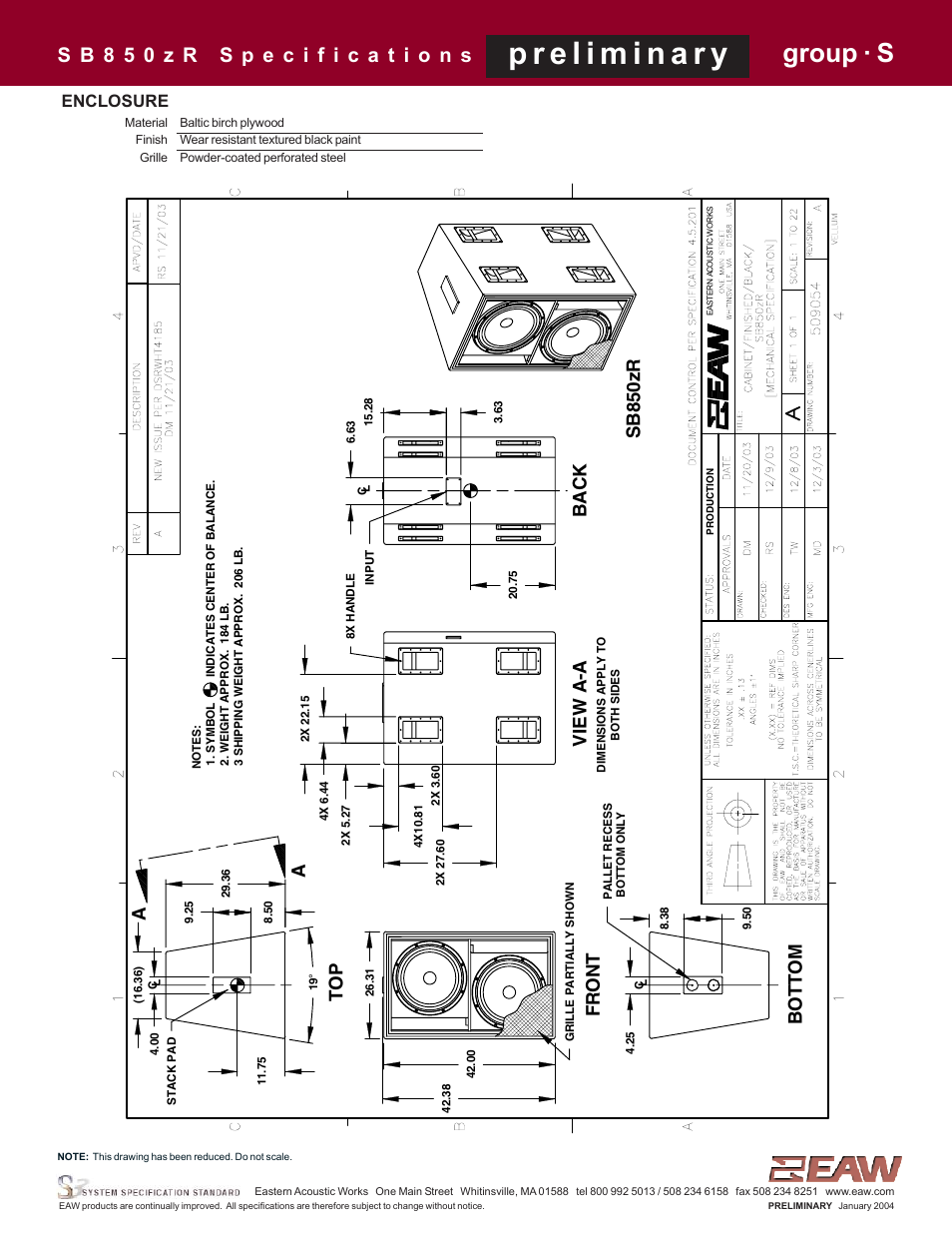 Group · s, Vi ew a- a, Bo tto m | Fr o n t, Sb 850z r, Back, Enclosure | EAW SB850zR User Manual | Page 2 / 4