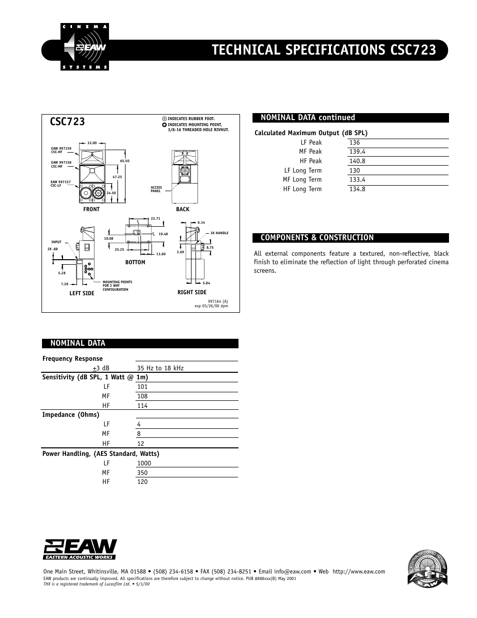 Technical specifications csc723, Csc723 | EAW Cinema Screen Channel Speaker CSC723 User Manual | Page 2 / 2