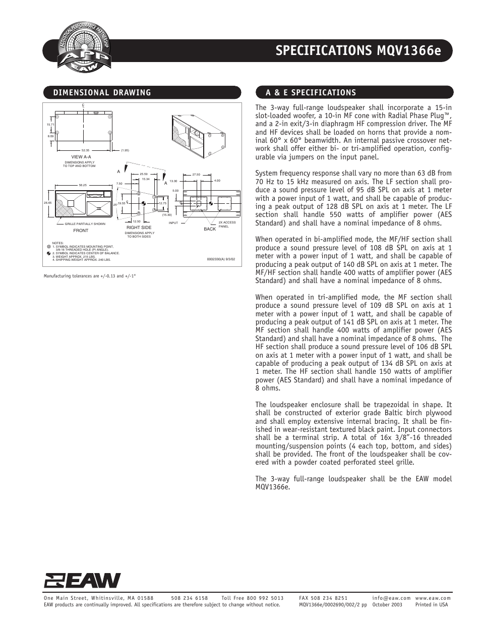 Specifications mqv1366e, Dimensional drawing a & e specifications | EAW MQV1366e User Manual | Page 2 / 2