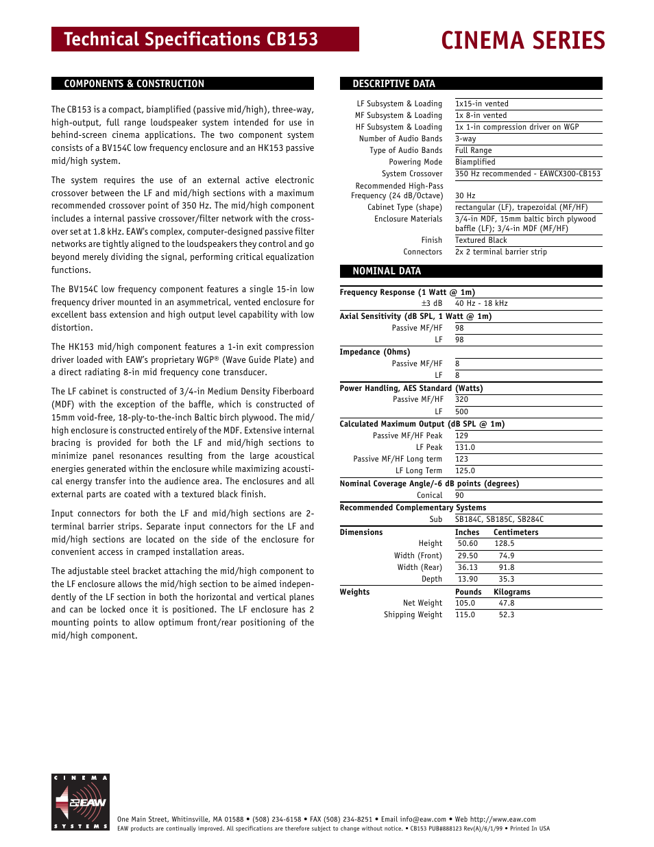 Cinema series, Technical specifications cb153 | EAW CB153 User Manual | Page 2 / 2
