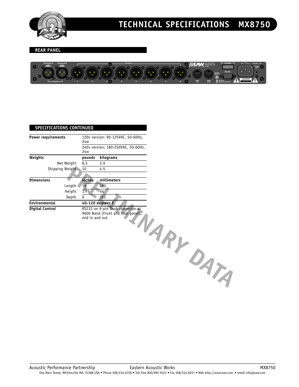 Preliminary d ata, Technical specifications mx8750, Dimensional drawings | Rear panel, Specifications continued | EAW MX8750 User Manual | Page 2 / 2