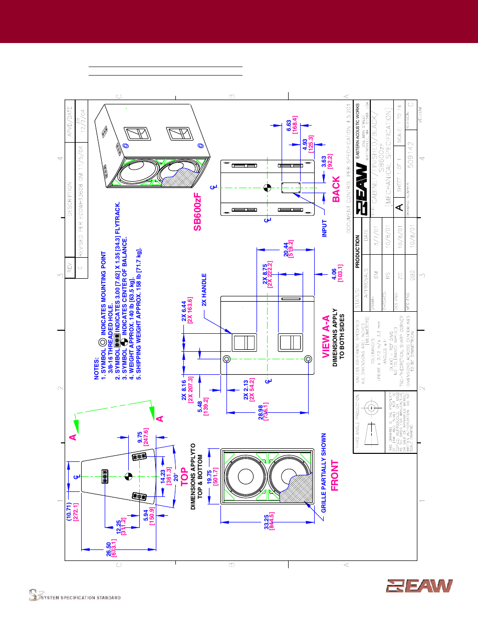 Group · s, Sb 600zf back, Fr o n t | Vi ew a -a, Enclosure | EAW SB600z User Manual | Page 2 / 4
