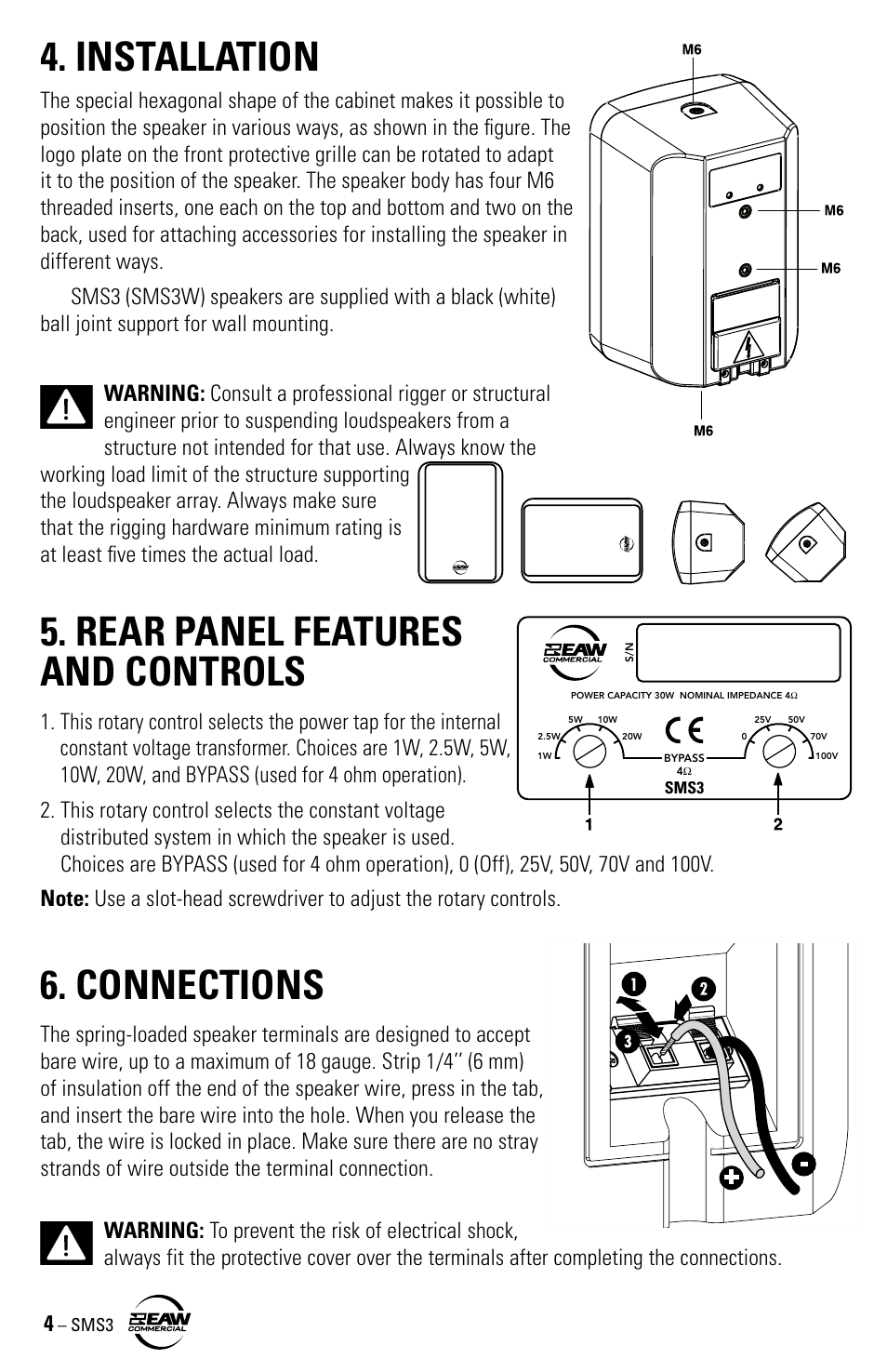 Installation, Rear panel features and controls, Connections | EAW SMS3 User Manual | Page 4 / 8