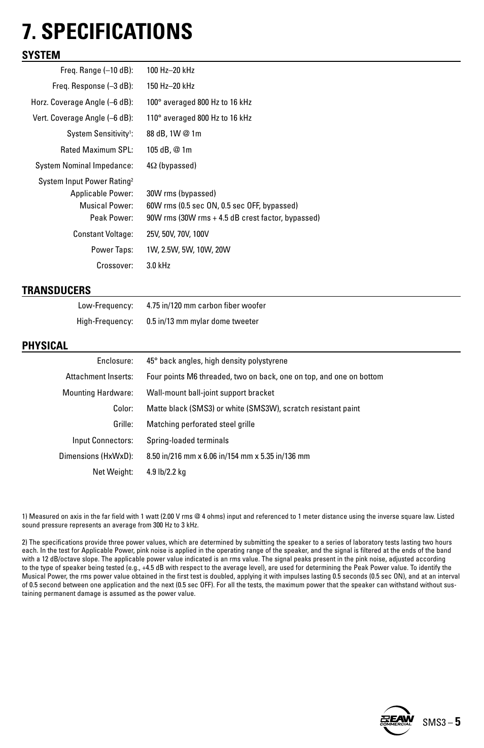 Specifications, System, Transducers | Physical | EAW SMS3 User Manual | Page 5 / 8