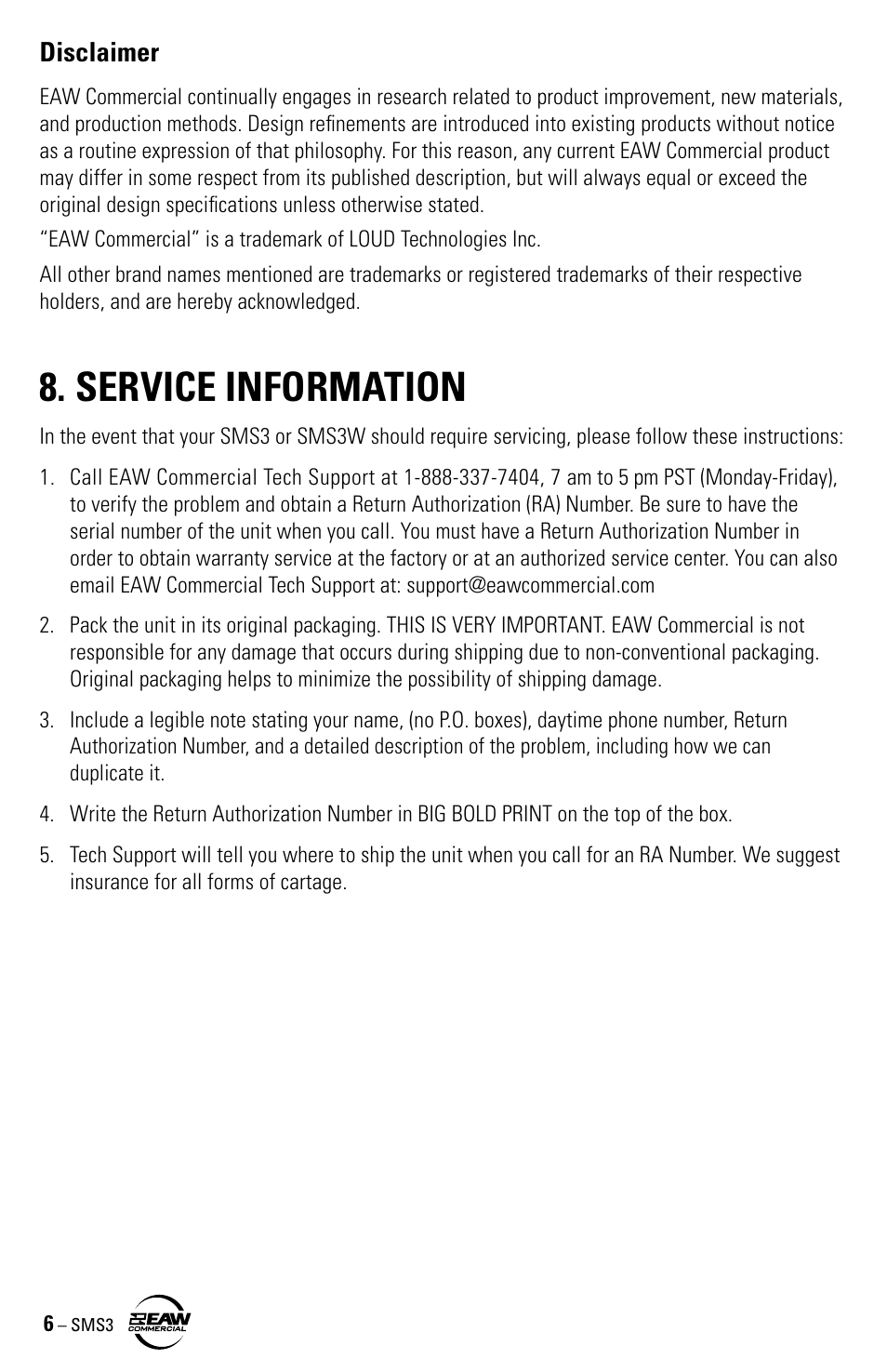 Service information, Disclaimer | EAW SMS3 User Manual | Page 6 / 8