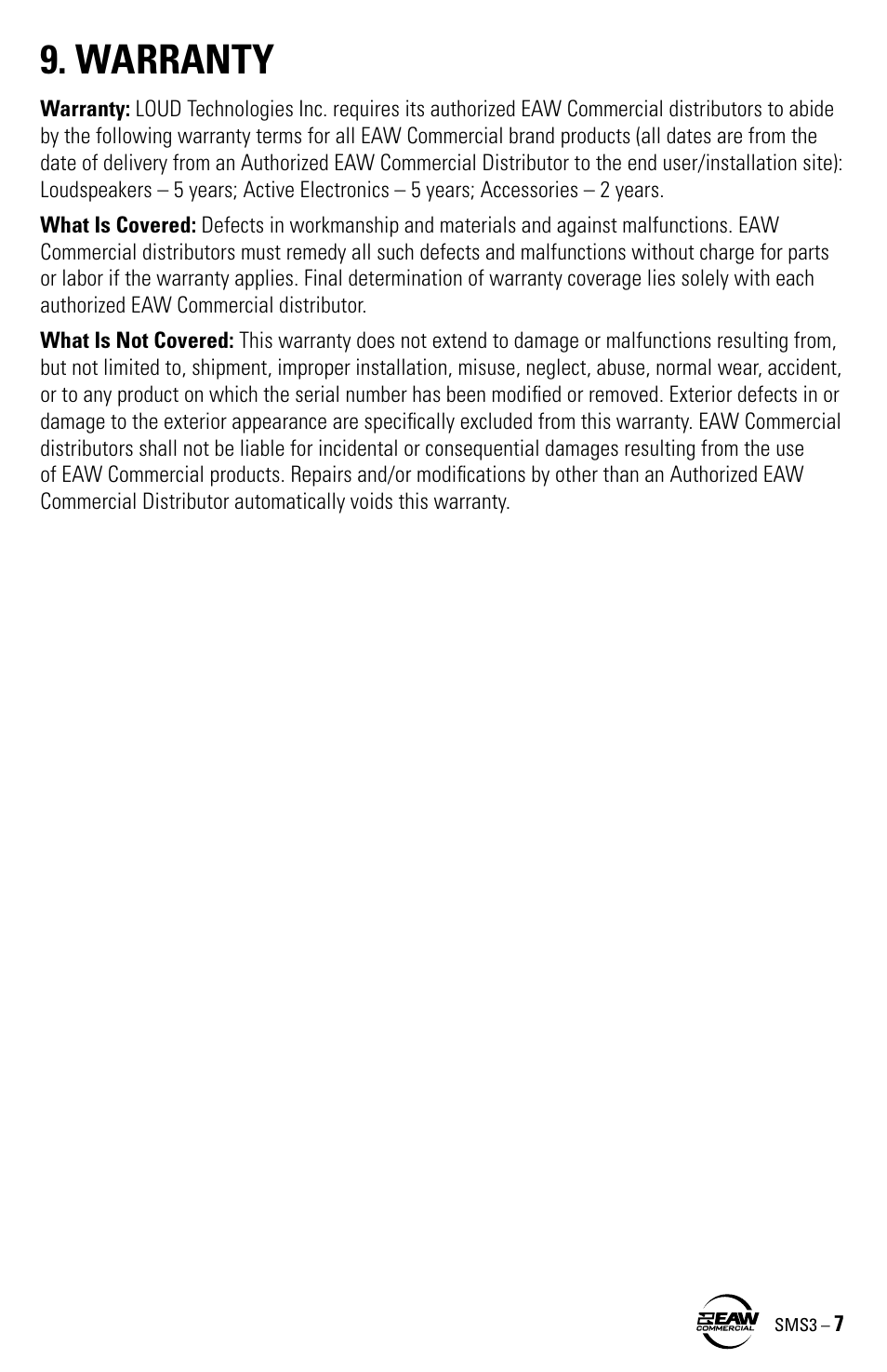 Warranty | EAW SMS3 User Manual | Page 7 / 8