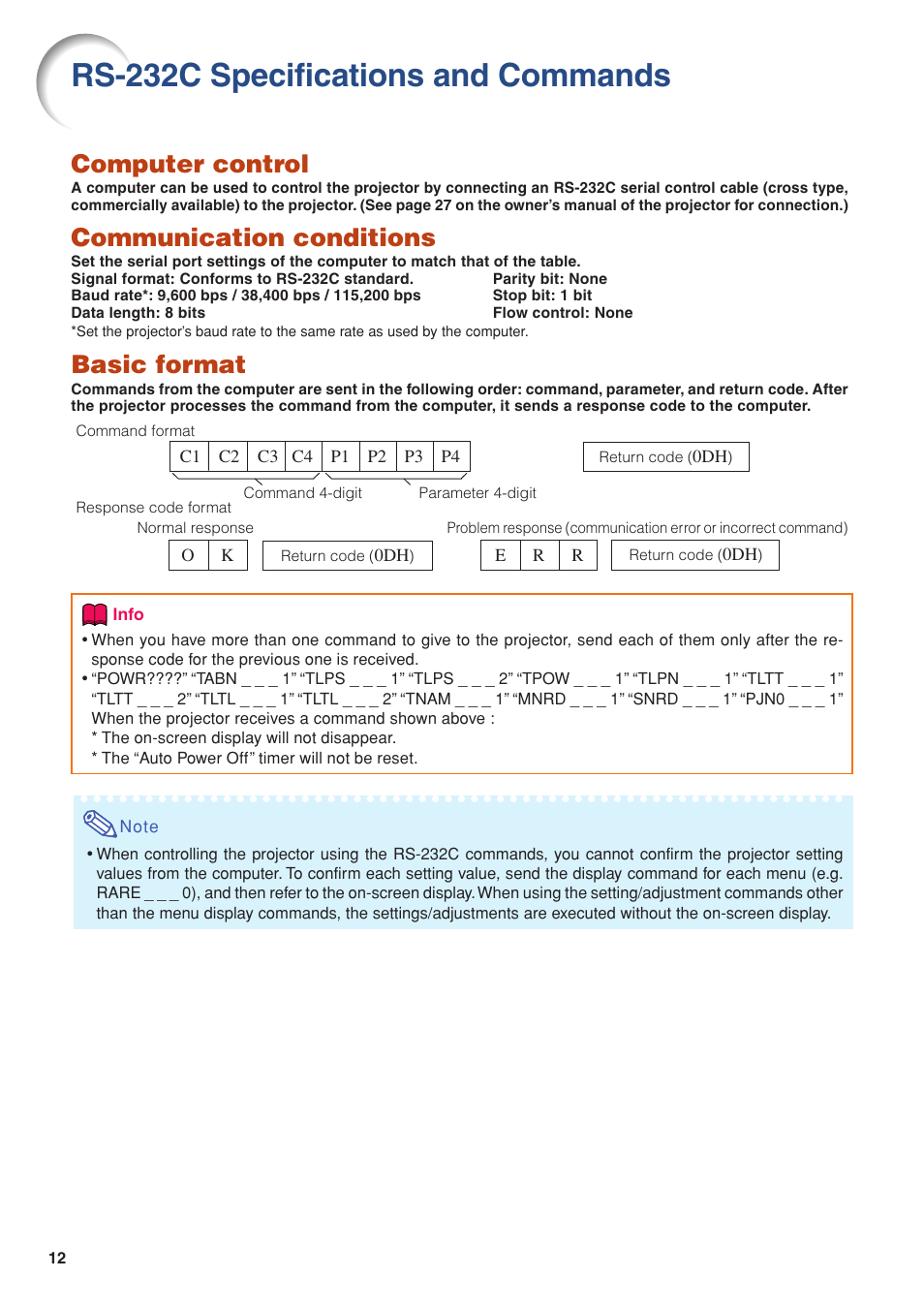 Rs-232c specifications and commands, Computer control, Communication conditions | Basic format | Eiki/Elf EIP-4500 User Manual | Page 12 / 54