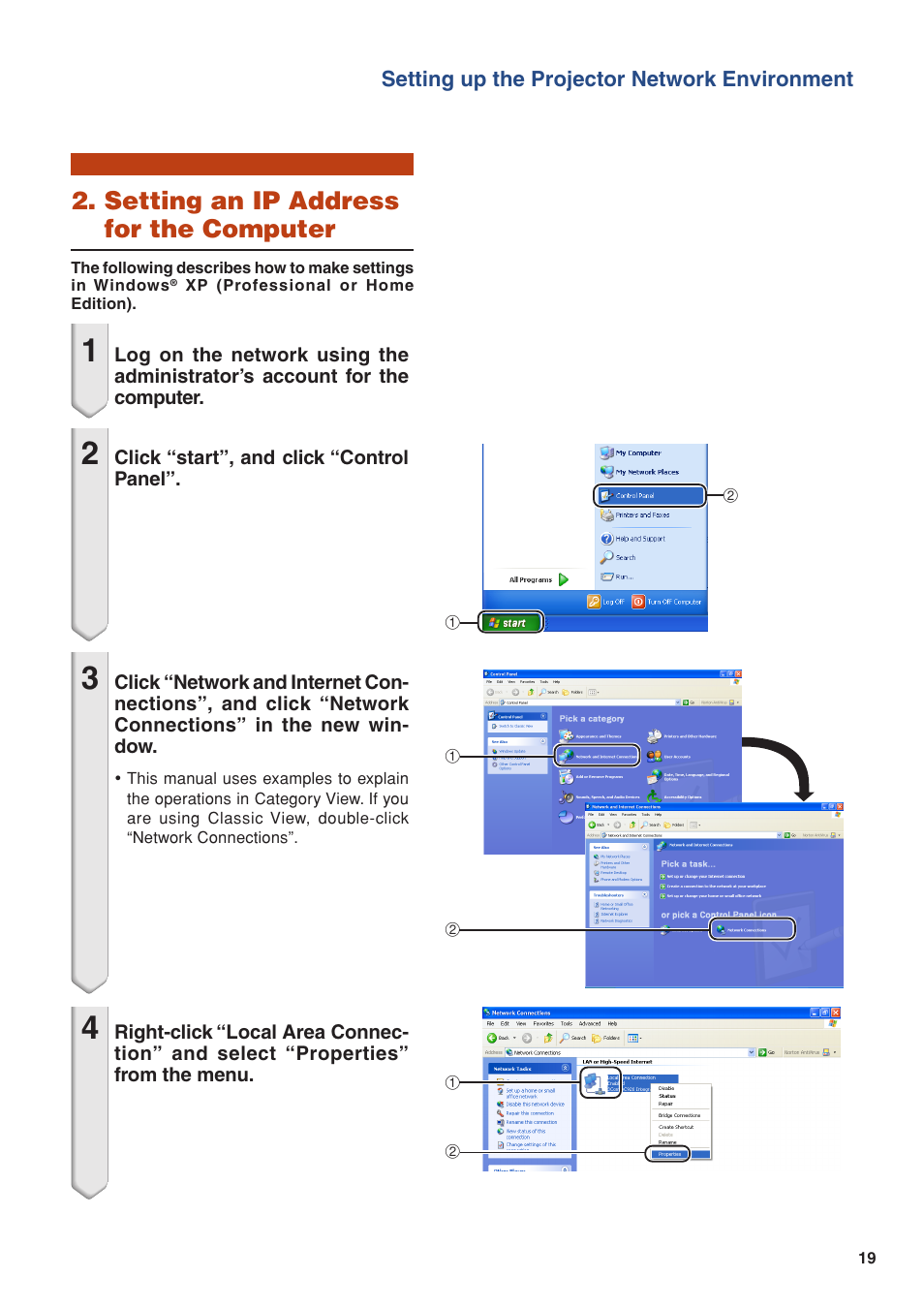Setting an ip address for the computer | Eiki/Elf EIP-4500 User Manual | Page 19 / 54