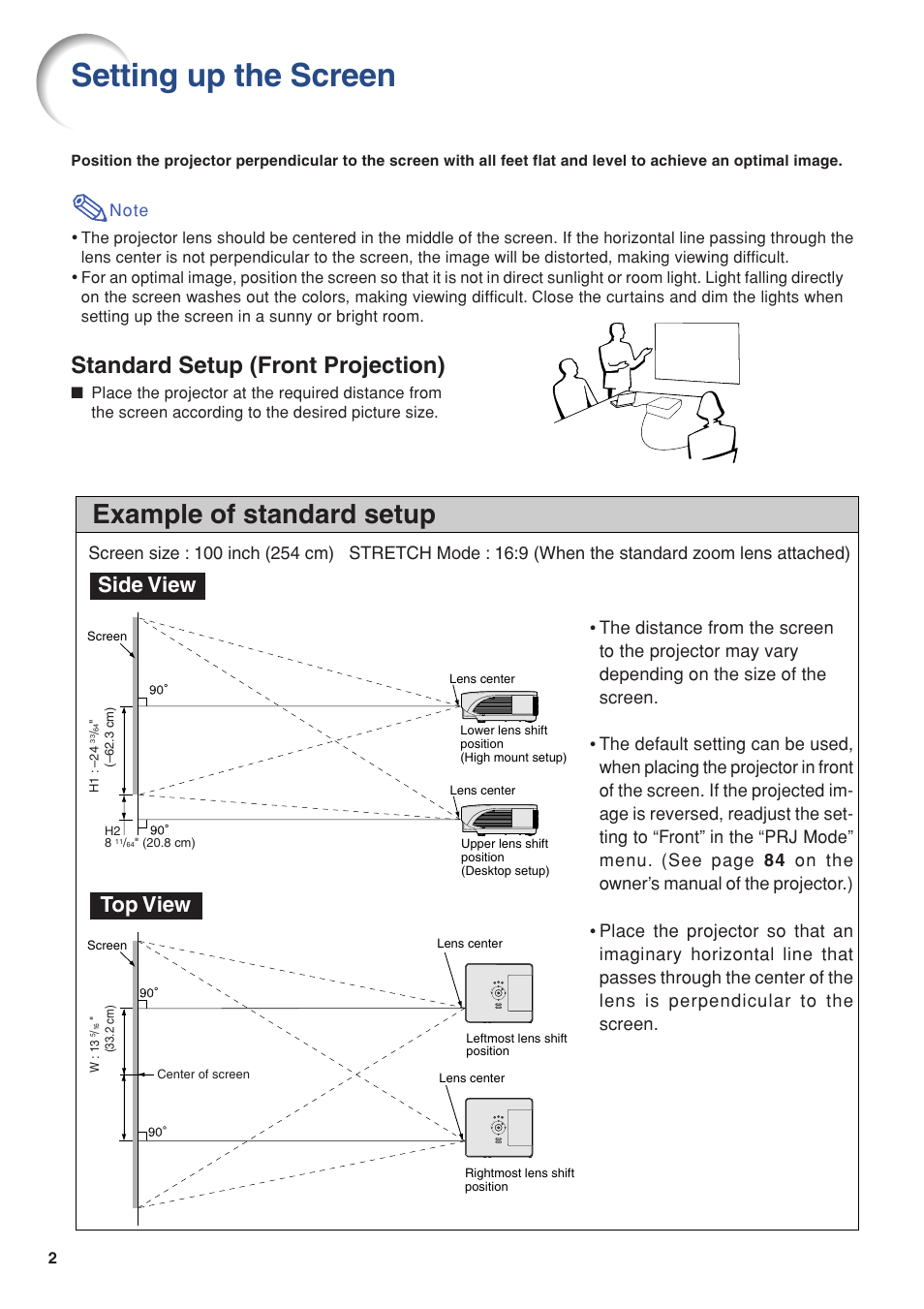 Setting up the screen, Example of standard setup, Standard setup (front projection) | Side view top view | Eiki/Elf EIP-4500 User Manual | Page 2 / 54