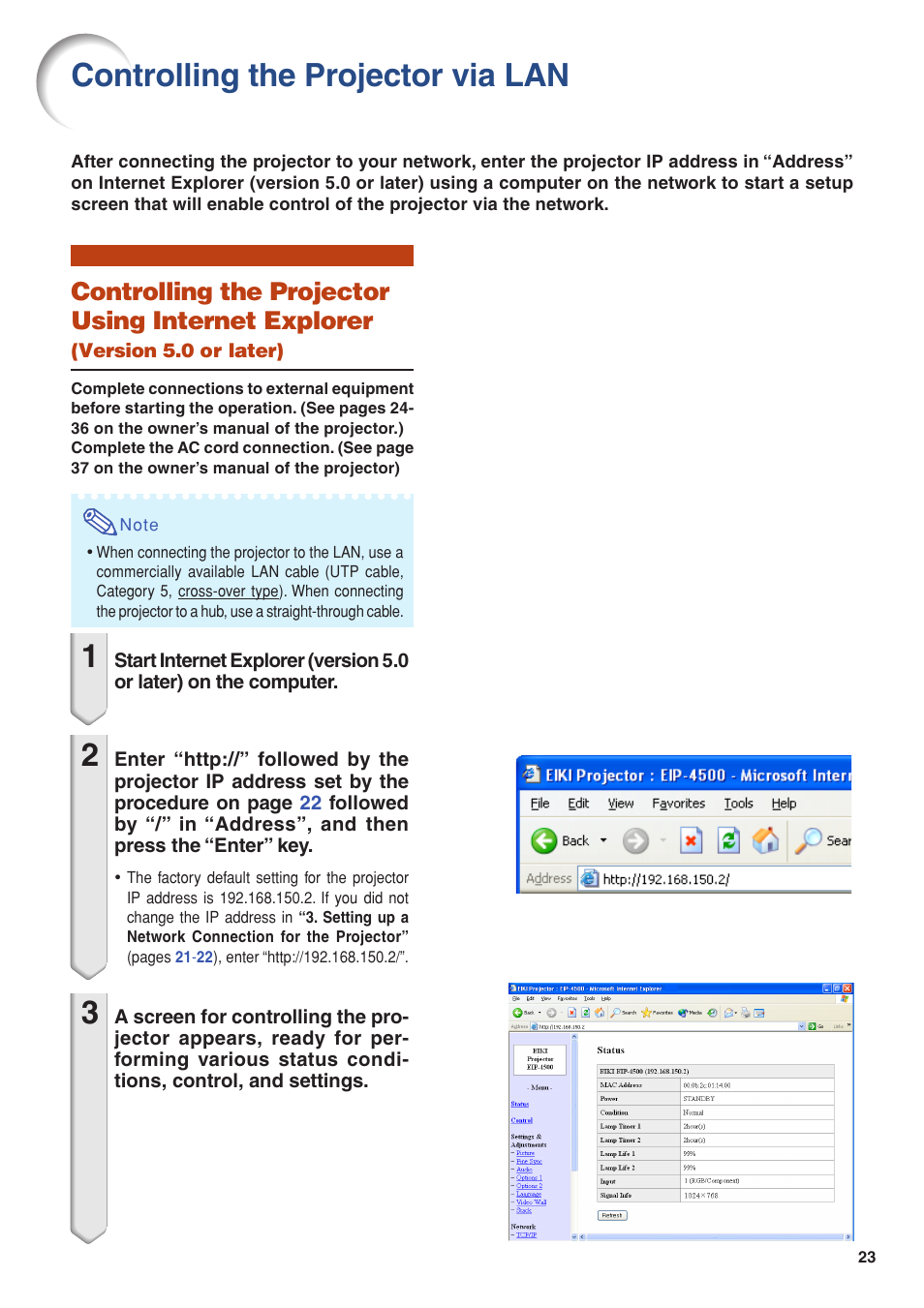 Controlling the projector via lan, Controlling the projector using internet explorer | Eiki/Elf EIP-4500 User Manual | Page 23 / 54