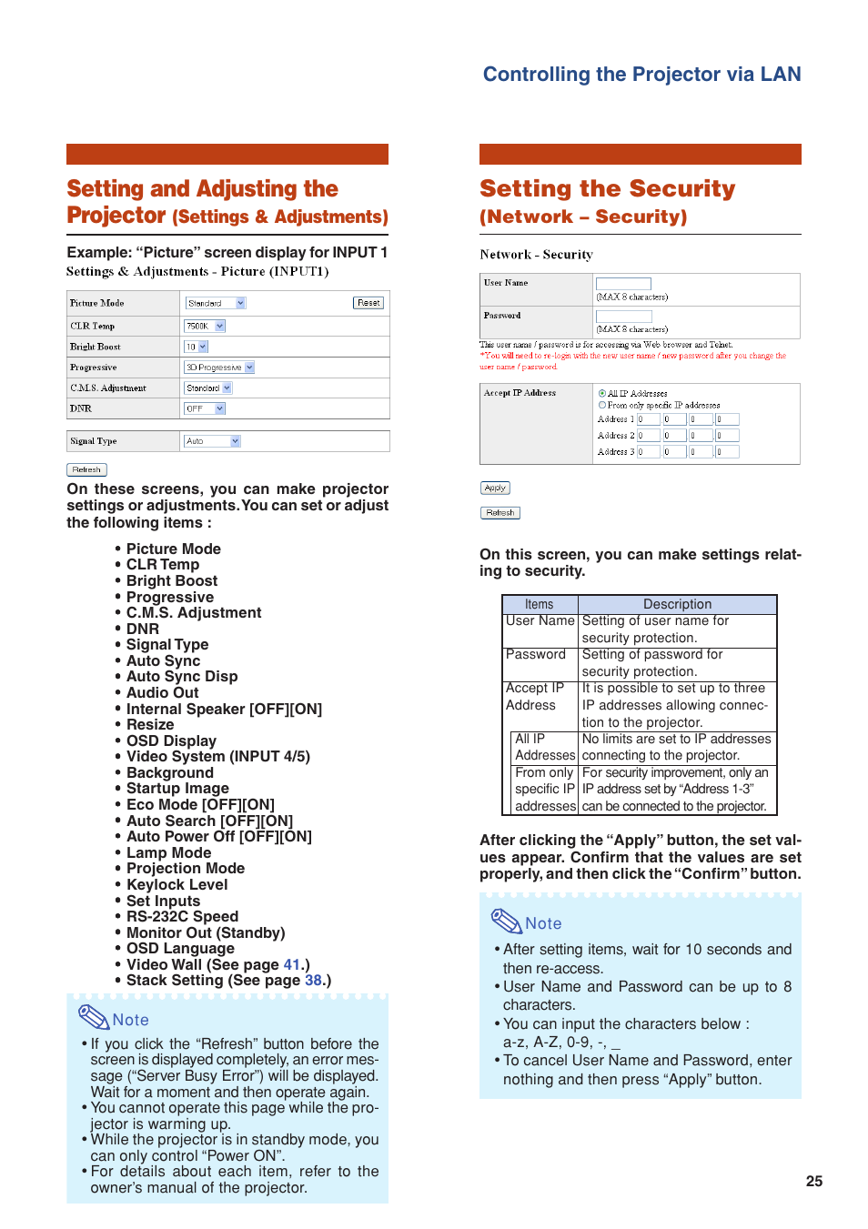 Setting and adjusting the projector, Setting the security, Controlling the projector via lan | Settings & adjustments), Network – security) | Eiki/Elf EIP-4500 User Manual | Page 25 / 54