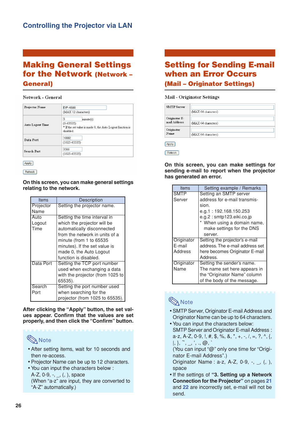Making general settings for the network, Setting for sending e-mail when an error occurs, Controlling the projector via lan | Network – general), Mail – originator settings) | Eiki/Elf EIP-4500 User Manual | Page 26 / 54